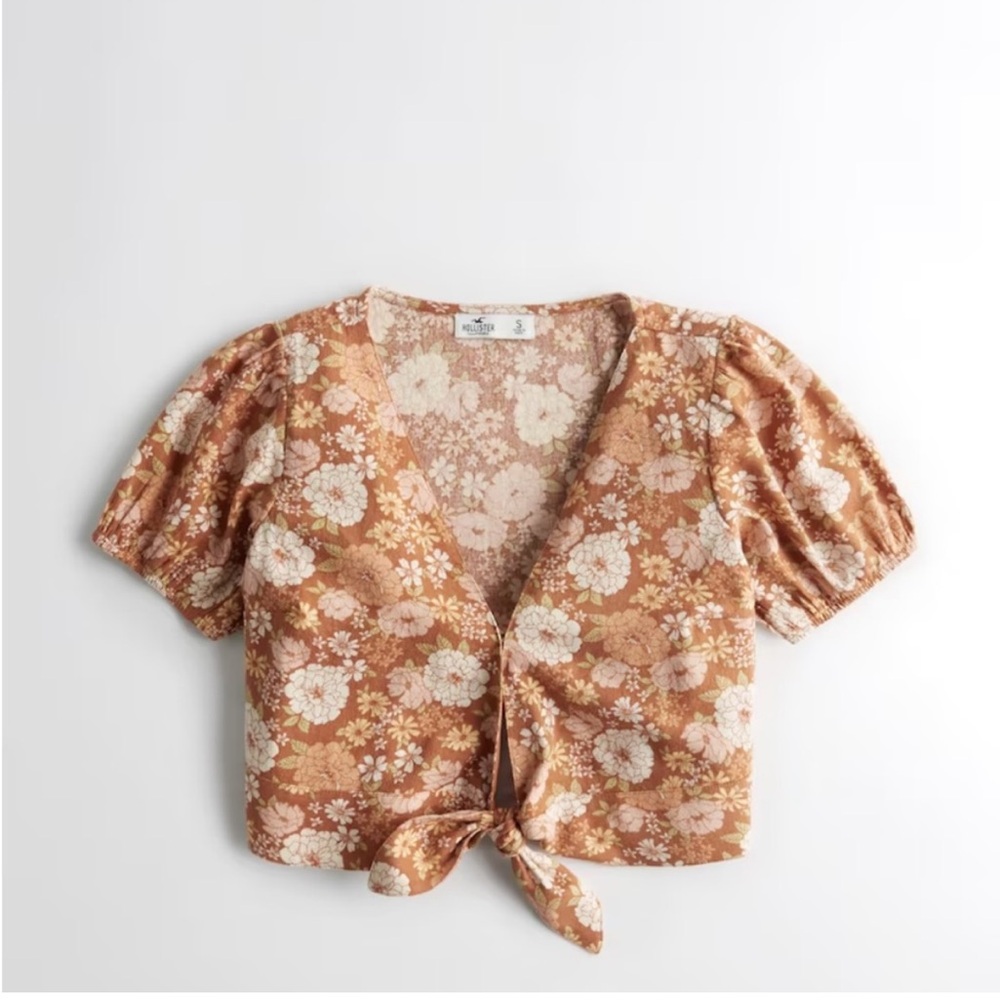 Hollister Crop Tie-Front Linen Blend Top